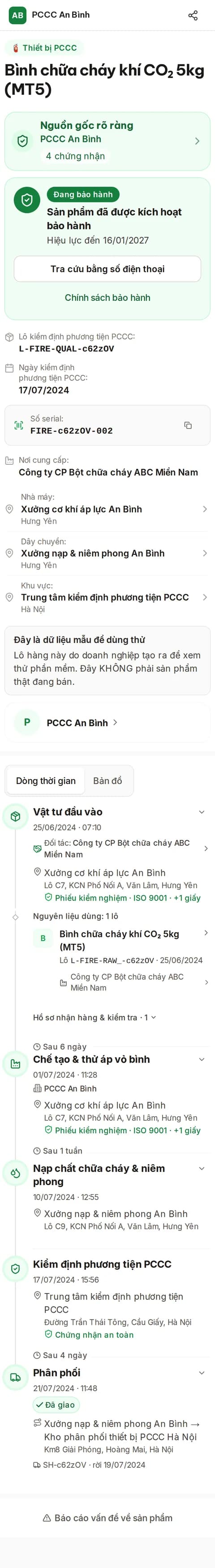 Trang truy xuất trên điện thoại khi khách quét tem — bình chữa cháy CO₂ (dữ liệu mẫu)