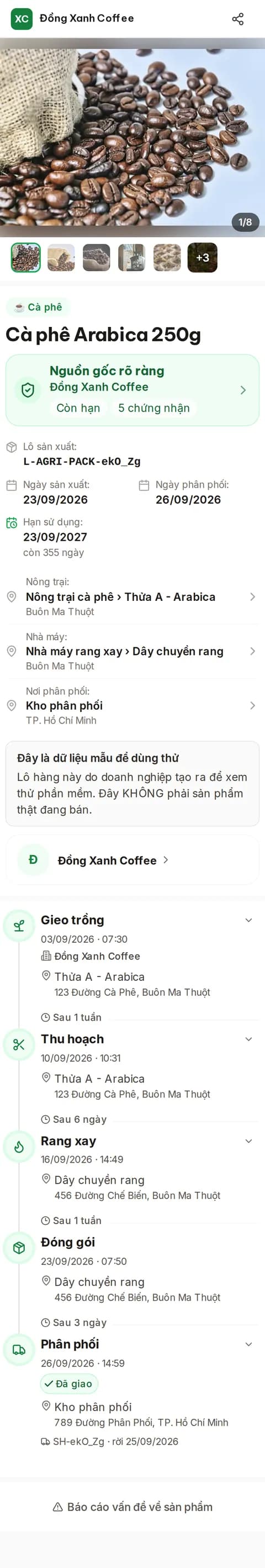 Trang truy xuất trên điện thoại khi khách quét tem — cà phê Arabica (dữ liệu mẫu)