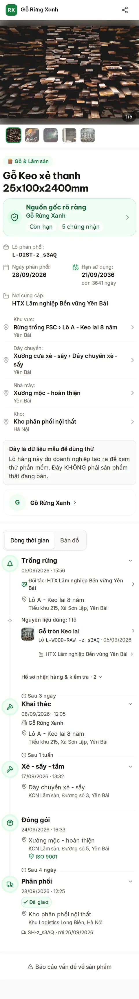 Trang truy xuất trên điện thoại khi khách quét tem — gỗ keo xẻ thanh (dữ liệu mẫu)