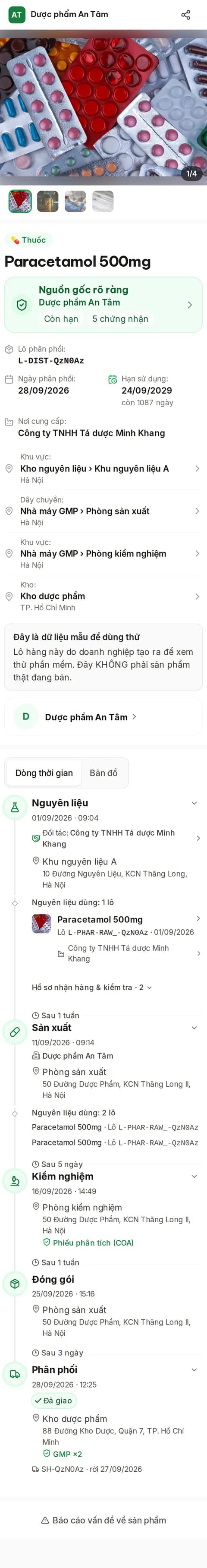 Trang truy xuất trên điện thoại khi khách quét tem — thuốc có tem chống giả (dữ liệu mẫu)
