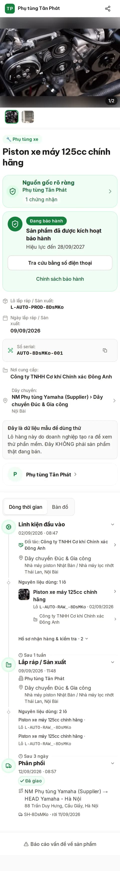 Trang truy xuất trên điện thoại khi khách quét tem — piston xe máy kèm bảo hành (dữ liệu mẫu)