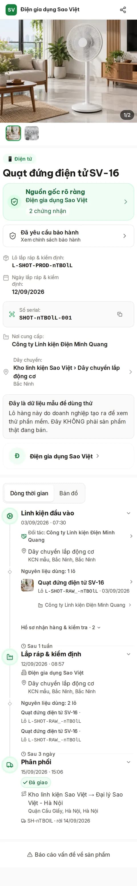 Trang truy xuất trên điện thoại khi khách quét tem — quạt điện kèm bảo hành điện tử (dữ liệu mẫu)