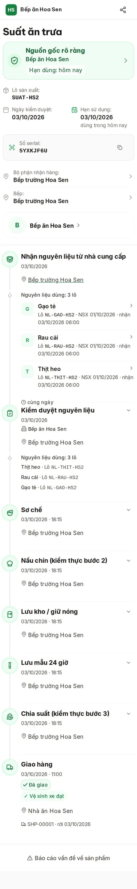 Trang truy xuất trên điện thoại khi khách quét tem — suất ăn trưa của bếp trường (dữ liệu mẫu)