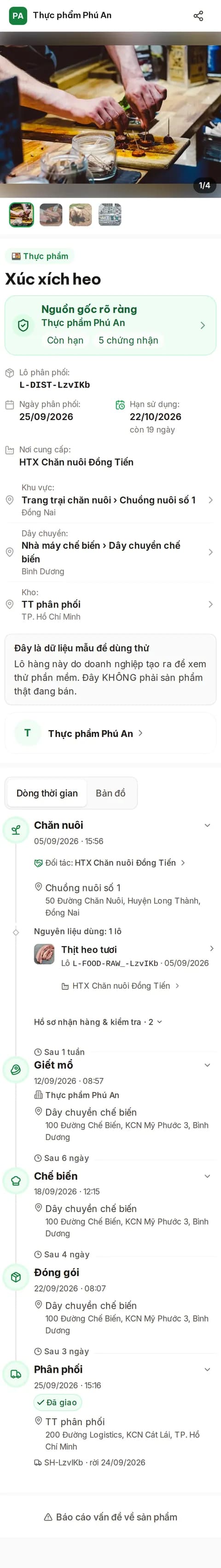 Trang truy xuất trên điện thoại khi khách quét tem — xúc xích heo (dữ liệu mẫu)