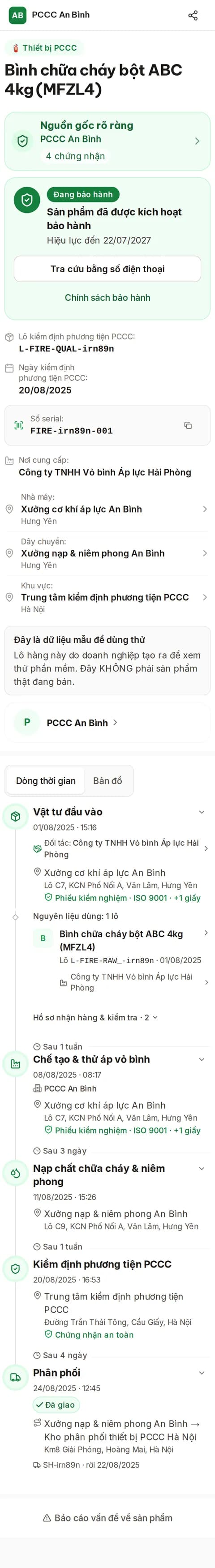 Trang truy xuất trên điện thoại khi khách quét tem — thẻ bảo hành điện tử (dữ liệu mẫu)