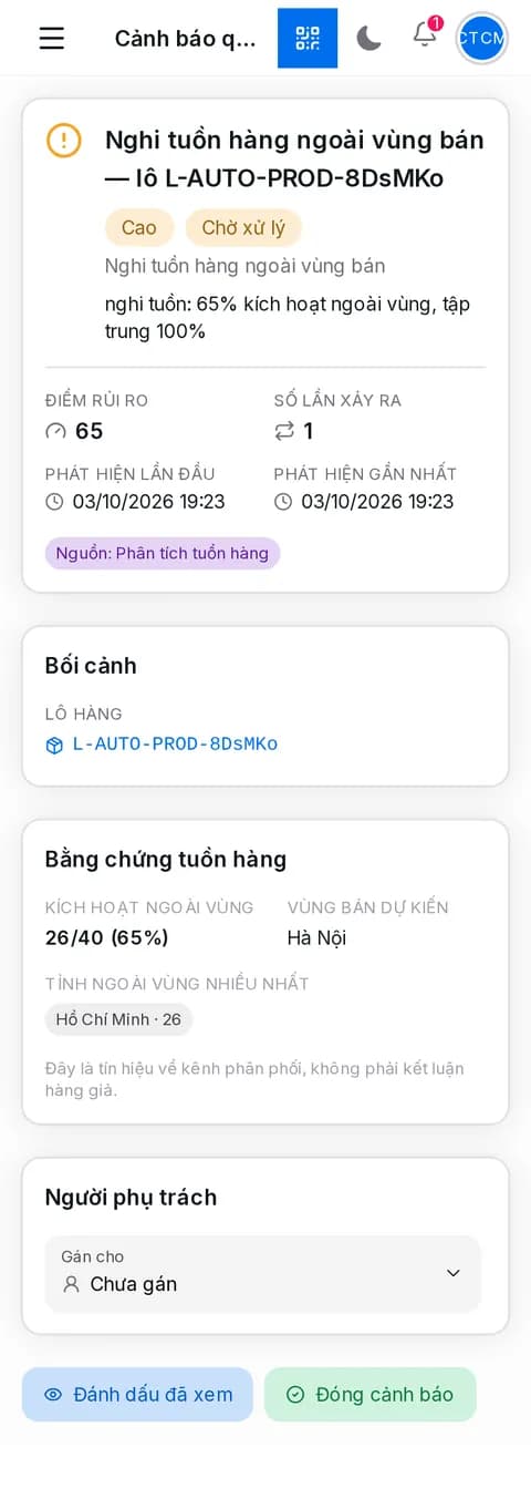 Màn cảnh báo tràn hàng của doanh nghiệp trên điện thoại — lô bị kích hoạt ngoài vùng bán (dữ liệu mẫu)