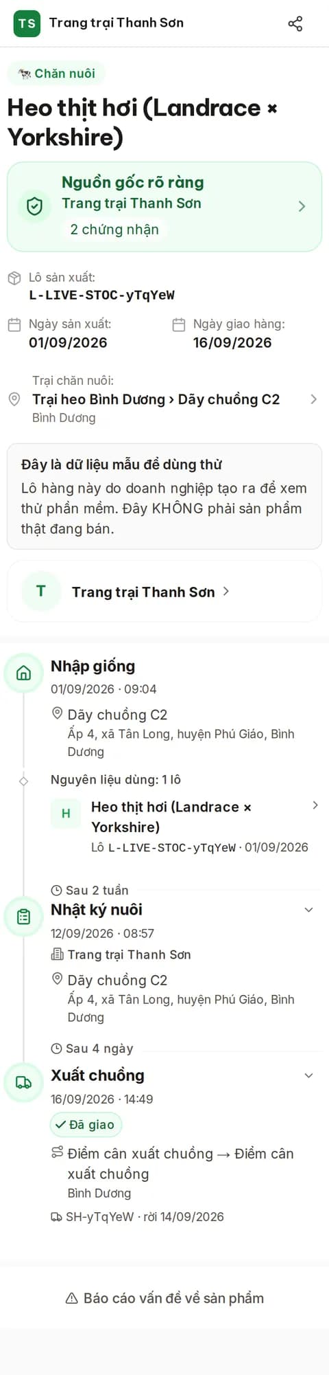 Trang truy xuất trên điện thoại khi khách quét tem — heo thịt (dữ liệu mẫu)