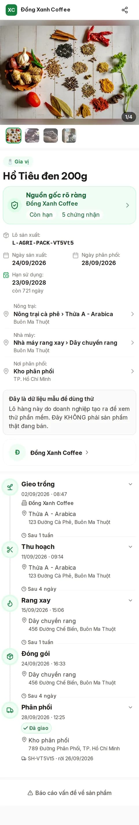 Trang truy xuất trên điện thoại khi khách quét tem — hồ tiêu đen (dữ liệu mẫu)