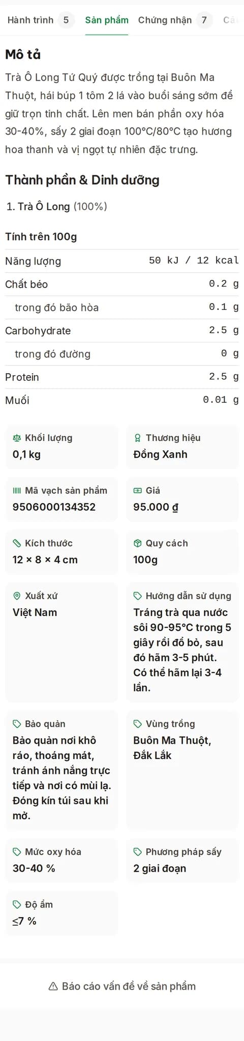Trang truy xuất trên điện thoại khi khách quét tem — mã vạch GTIN của sản phẩm (dữ liệu mẫu)