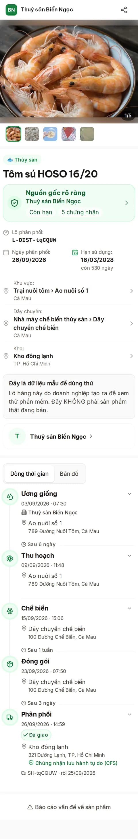 Trang truy xuất trên điện thoại khi khách quét tem — tôm sú (dữ liệu mẫu)
