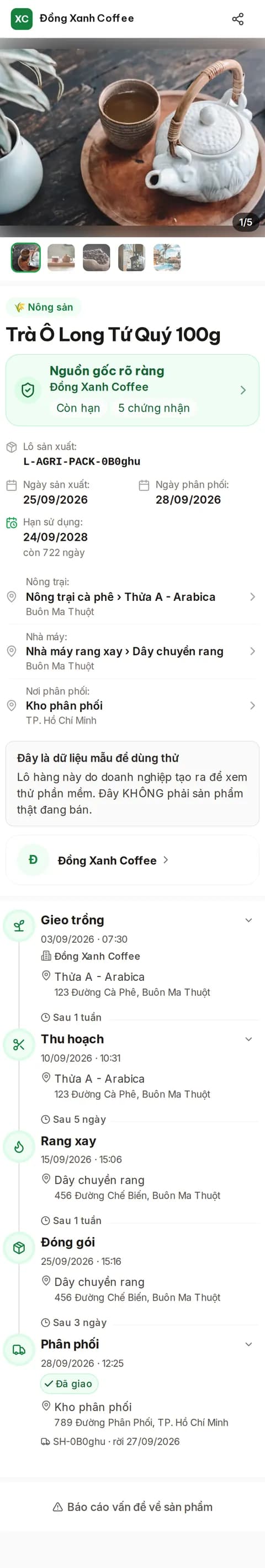 Trang truy xuất trên điện thoại khi khách quét tem — trà ô long (dữ liệu mẫu)