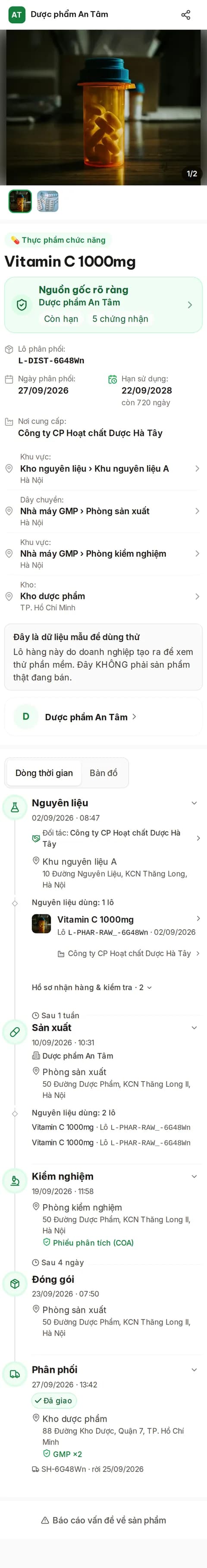 Trang truy xuất trên điện thoại khi khách quét tem — viên Vitamin C (dữ liệu mẫu)
