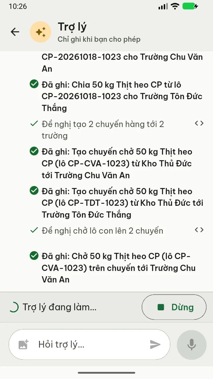 Màn hình trợ lý AI trong app VNCX Doanh nghiệp — các thao tác đã ghi sau khi người dùng cho phép (dữ liệu mẫu)